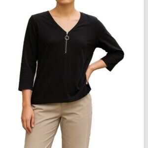 Sweater  Sz XL 1/4 Zip up Black Top Pull-Over 3/4 Sleeves V-neck Carolyn Taylor